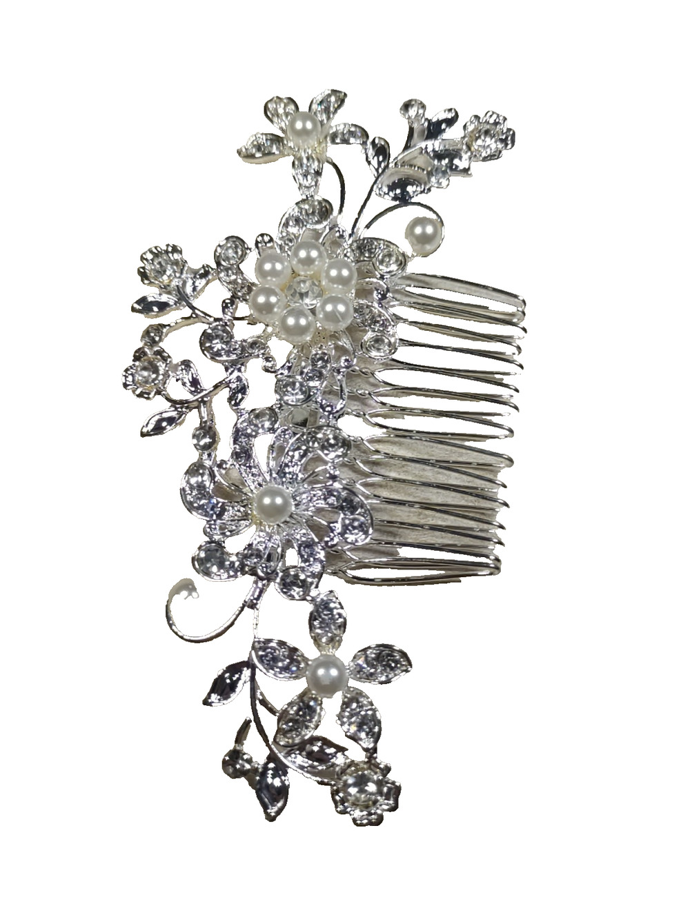 Wedding Prom hair Comb Barrette Silver tone Faux Pearl Rhinestone